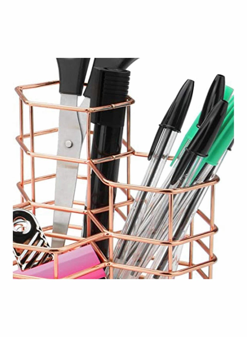 Y&D Metal Pen Pot, Hexagon Hollow Rose Gold Copper Wire Mesh Brush Holder Cup Container, Makeup Brushes Storage Basket, Desk Tidy Office Organizer, Rust-Proof Pencil Pot  - Image 4