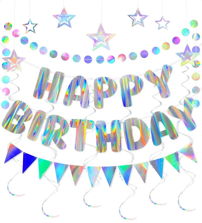 Merrivo Iridescent Birthday Decorations with Holographic Pre-Strung Happy Birthday Banner, Swirl Streamers, Pennant Flags & Dot Garland, Rainbow Birthday Party Decorations for Women Men Kids - Image 1