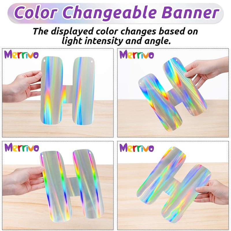 Merrivo Iridescent Birthday Decorations with Holographic Pre-Strung Happy Birthday Banner, Swirl Streamers, Pennant Flags & Dot Garland, Rainbow Birthday Party Decorations for Women Men Kids - Image 3