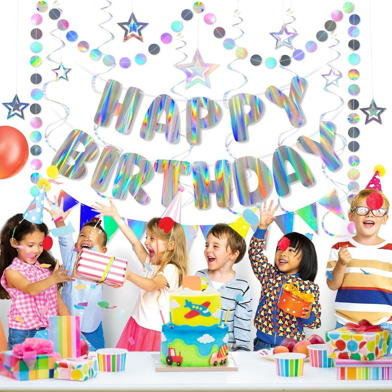 Merrivo Iridescent Birthday Decorations with Holographic Pre-Strung Happy Birthday Banner, Swirl Streamers, Pennant Flags & Dot Garland, Rainbow Birthday Party Decorations for Women Men Kids - Image 2