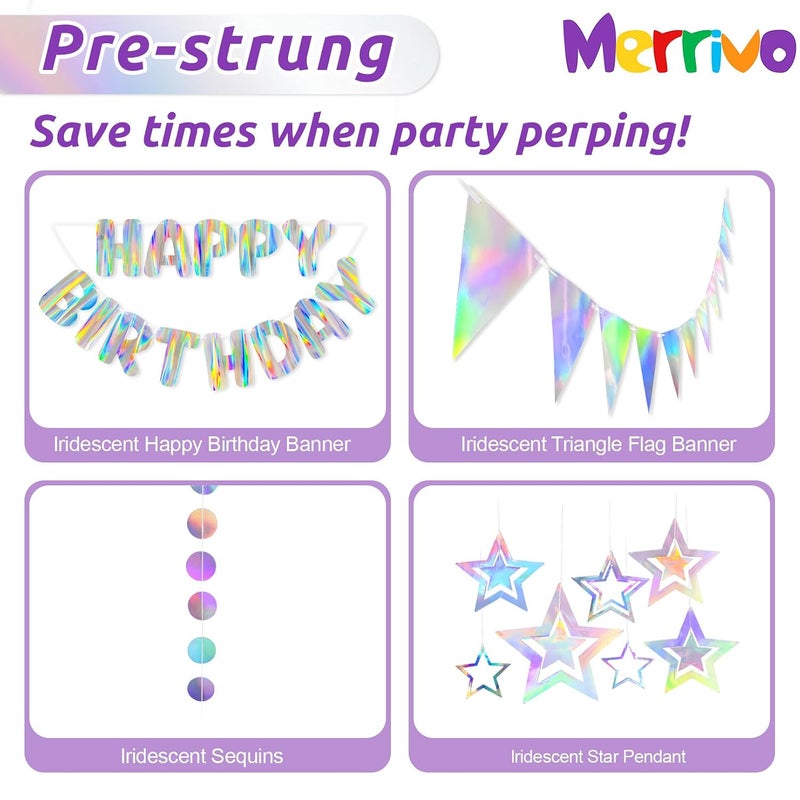 Merrivo Iridescent Birthday Decorations with Holographic Pre-Strung Happy Birthday Banner, Swirl Streamers, Pennant Flags & Dot Garland, Rainbow Birthday Party Decorations for Women Men Kids - Image 5