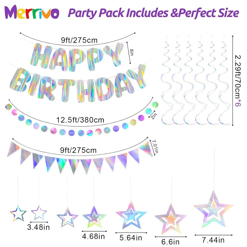 Merrivo Iridescent Birthday Decorations with Holographic Pre-Strung Happy Birthday Banner, Swirl Streamers, Pennant Flags & Dot Garland, Rainbow Birthday Party Decorations for Women Men Kids - Image 4