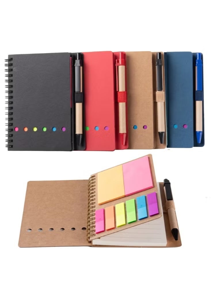 4 Packs Spiral Notebook Steno Pads Lined Notepad with Pen in Holder, Sticky Notes, Page Marker Colored Index Tabs Flags, 4.73"x5.9" Kraft Paper Cover Small Pocket Notebooks (4 Colors) - Image 1