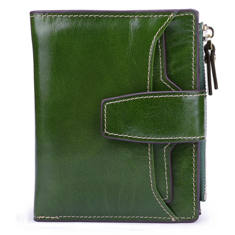 AINIMOER Women's RFID Blocking Leather Small Compact Bi-fold Zipper Pocket Wallet Card Case Purse with id Window (Waxed Green) - Image 1