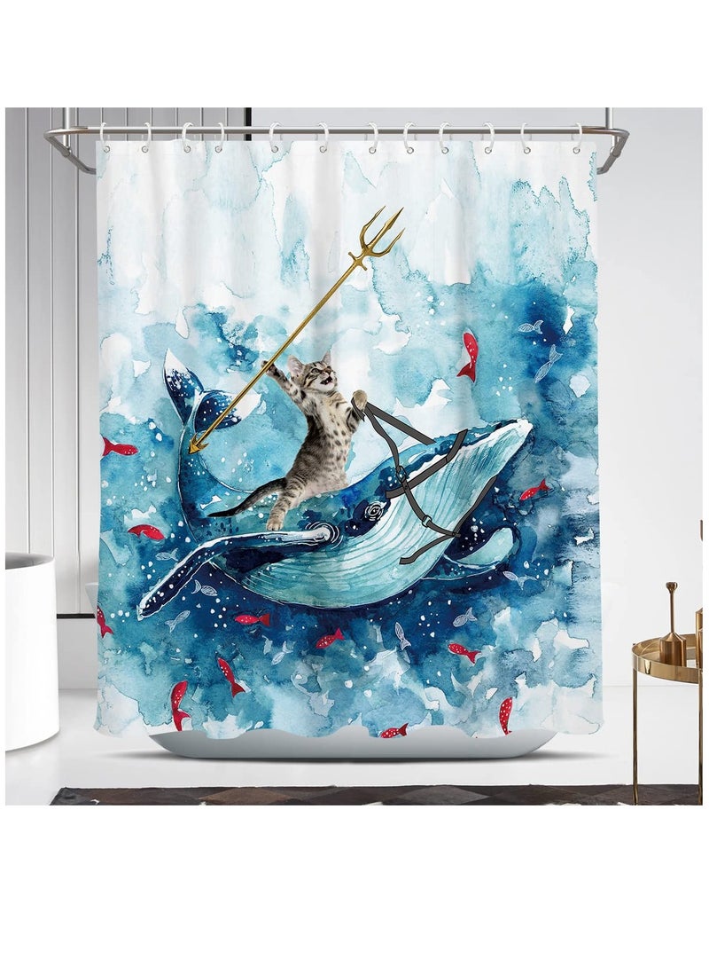 Excefore ستارة شاور قطة مضحكة، تركب حوت، أوقيانو لطيف، متعة رائعة للأطفال، موضوع بحري، موجات البحر، سمك، مرح، حمام 60 × 72 بوصة، قماش بوليستر مقاوم للماء، 12 خطاف - Image 2