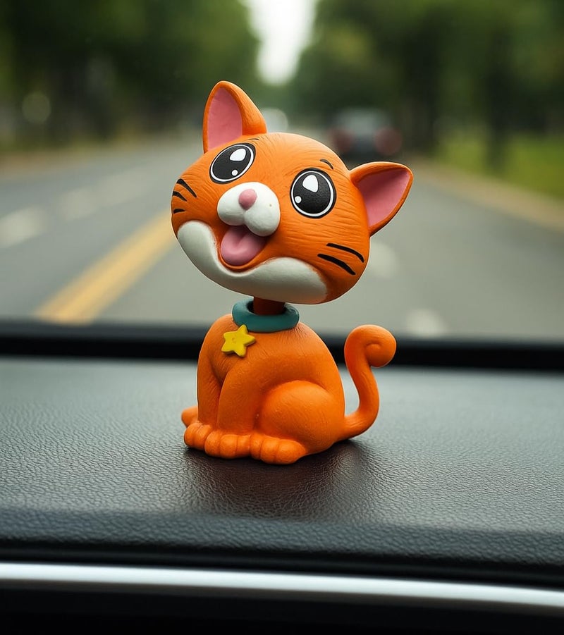 RIANZ ® Cute Bobble Head Cat – Wobbling Head Dashboard Toy for Car, Home & Office | Fun Decorative Cat Figurine | Stress Relief, Gift Item & Showpiece for Cat Lovers (Orange) - Image 1