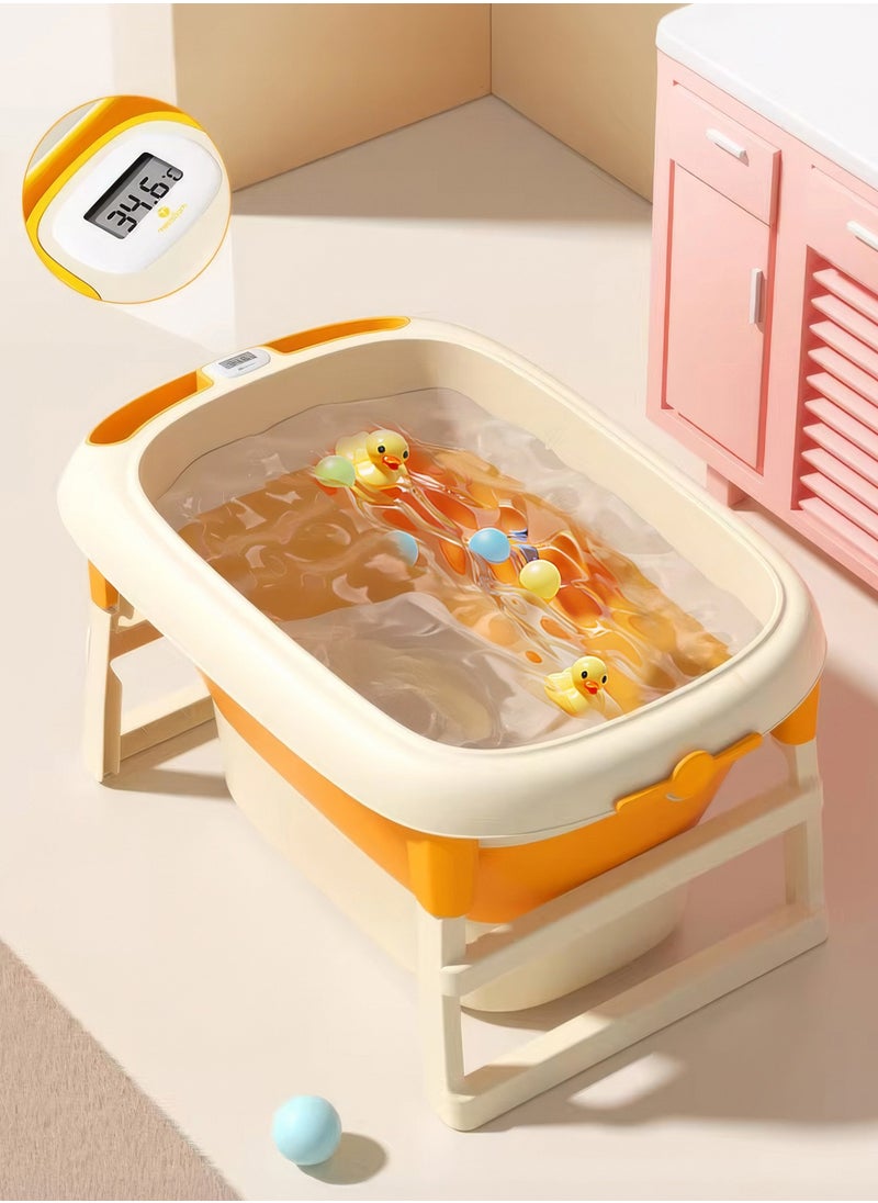 RENOVO - Portable Baby Bathtub Children Foldable Plastic Bathtubs With Thermometer, Plastic Balls, Duck Toy and Soap Tray, Yellow - Image 1