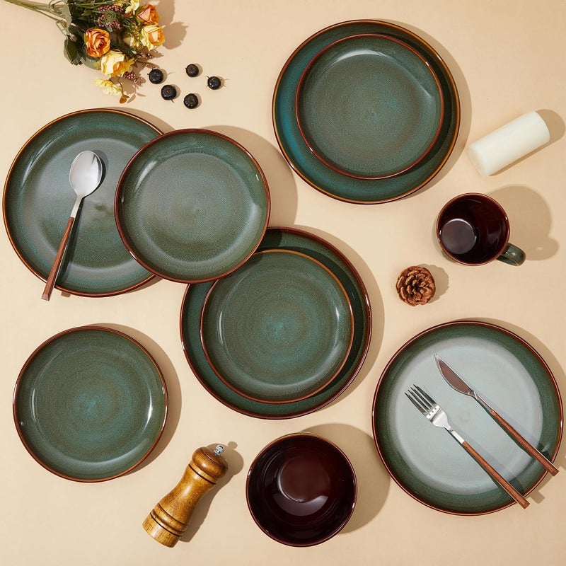 Pokini Stoneware Dinner Plates Set of 6 Ceramic Plates With Lipped Edges MicrowaveDishwasher Safe Modern Rustic Dinnerware Kitchen Reactive Glaze Serving Dishes Brown Green - Image 4
