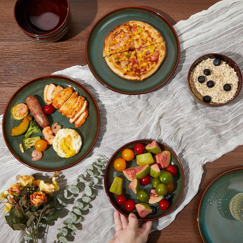 Pokini Stoneware Dinner Plates Set of 6 Ceramic Plates With Lipped Edges MicrowaveDishwasher Safe Modern Rustic Dinnerware Kitchen Reactive Glaze Serving Dishes Brown Green - Image 5