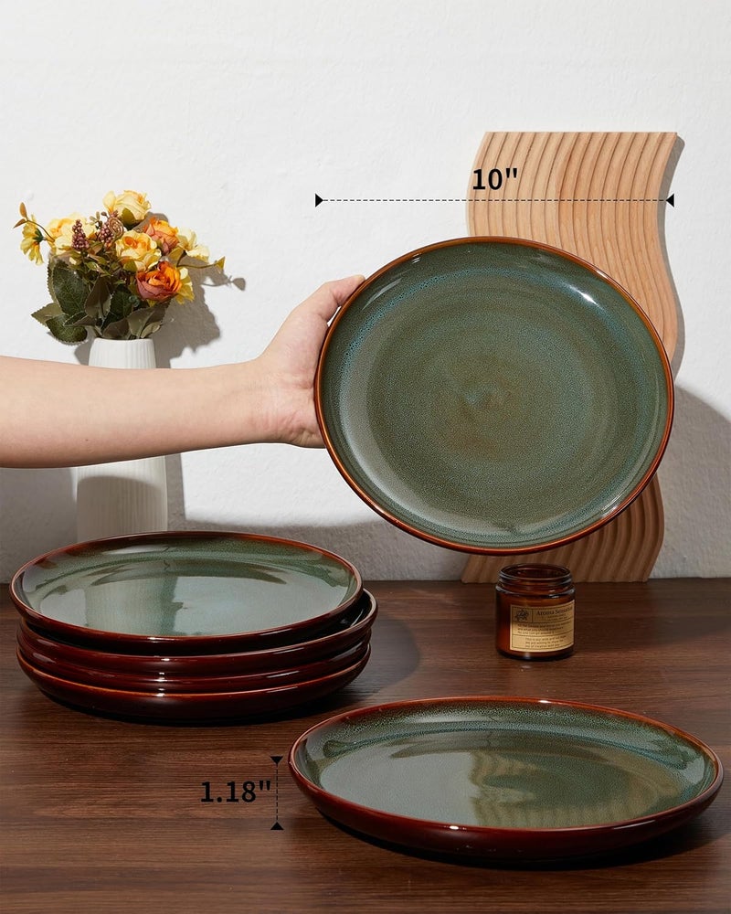 Pokini Stoneware Dinner Plates Set of 6 Ceramic Plates With Lipped Edges MicrowaveDishwasher Safe Modern Rustic Dinnerware Kitchen Reactive Glaze Serving Dishes Brown Green - Image 2