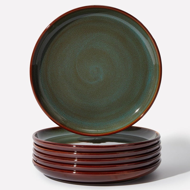 Pokini Stoneware Dinner Plates Set of 6 Ceramic Plates With Lipped Edges MicrowaveDishwasher Safe Modern Rustic Dinnerware Kitchen Reactive Glaze Serving Dishes Brown Green - Image 1