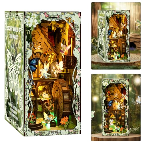 ISSEVE Book Nook Kit DIY 3D Wooden Puzzle Dollhouse Booknook for Adults Tiny Miniature House Kit Bookshelf Decor with LED Light and Dust Cover Gifts for Family and Friends Forest Secret World - Image 1