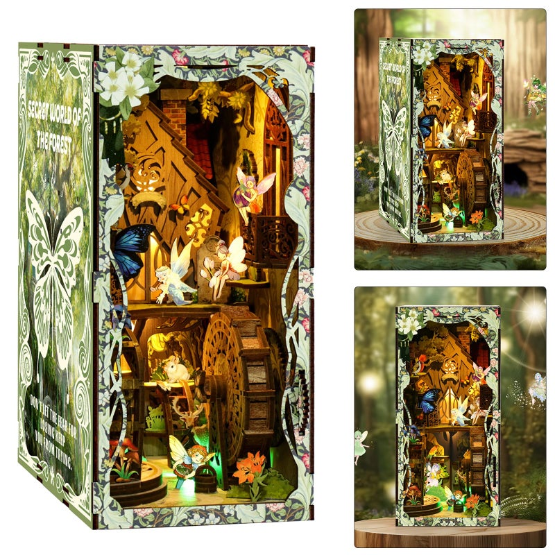 ISSEVE Book Nook Kit DIY 3D Wooden Puzzle Dollhouse Booknook for Adults Tiny Miniature House Kit Bookshelf Decor with LED Light and Dust Cover Gifts for Family and Friends Forest Secret World - Image 3