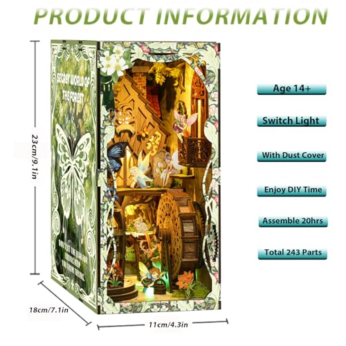 ISSEVE Book Nook Kit DIY 3D Wooden Puzzle Dollhouse Booknook for Adults Tiny Miniature House Kit Bookshelf Decor with LED Light and Dust Cover Gifts for Family and Friends Forest Secret World - Image 5