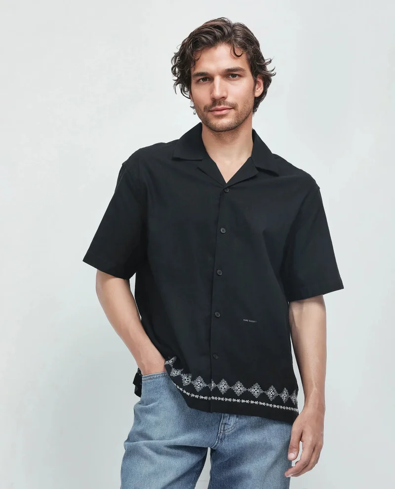 Rare Rabbit Rare Rabbit Men's Tirk Black Cotton Fabric Short Sleeve Collared Neck Button Closure Embroiderd Shirt