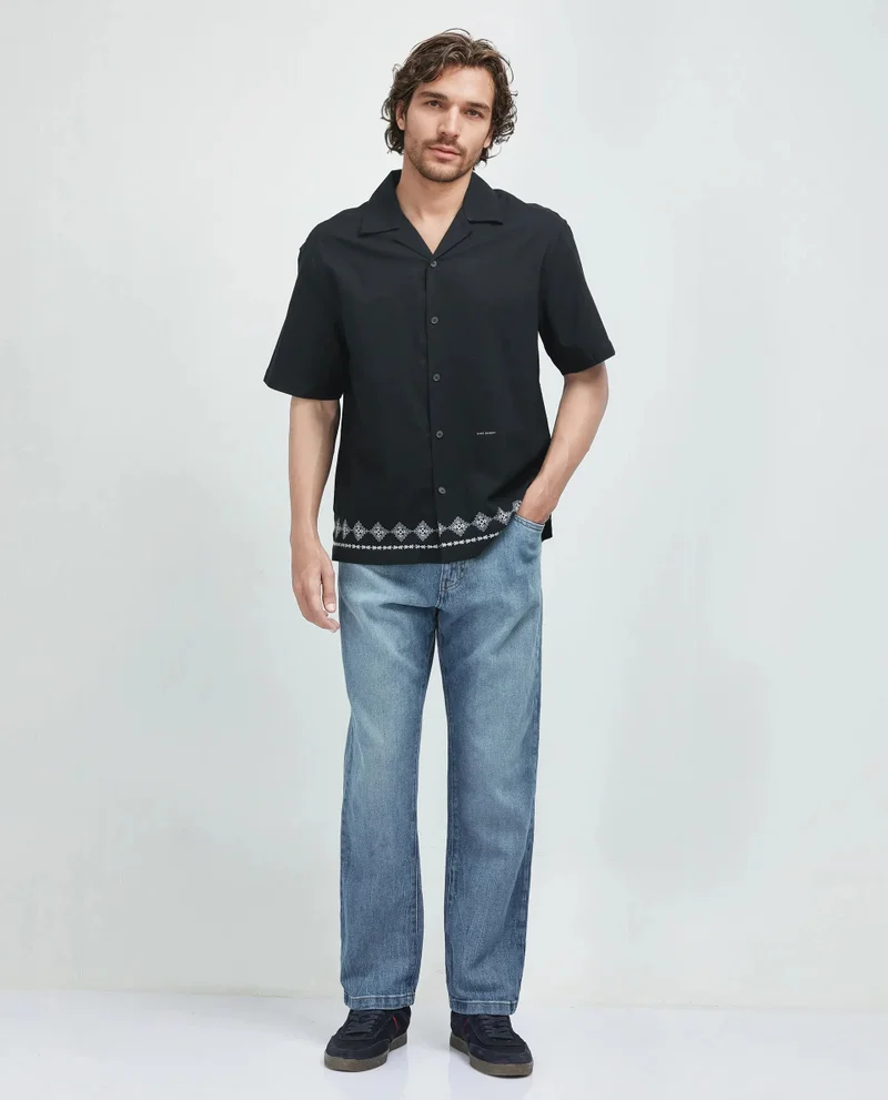 Rare Rabbit Rare Rabbit Men's Tirk Black Cotton Fabric Short Sleeve Collared Neck Button Closure Embroiderd Shirt