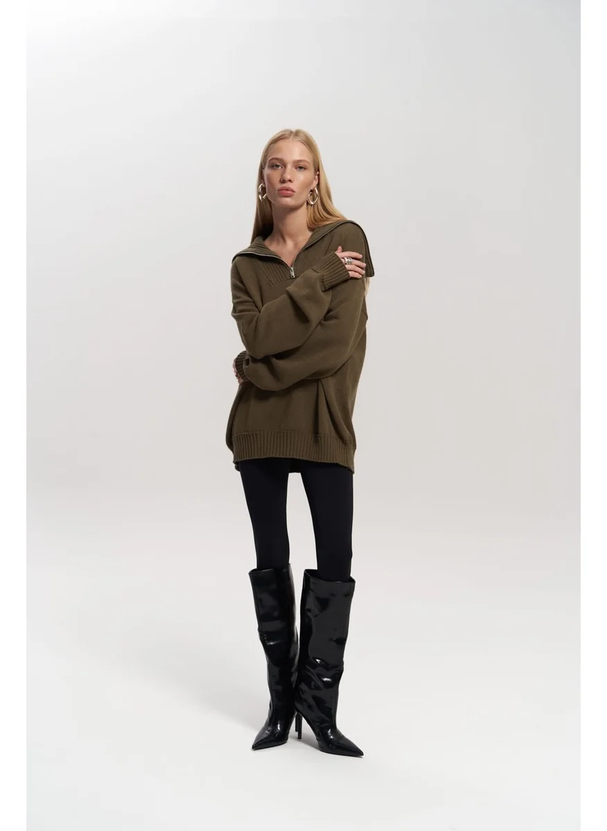 Mai Collection Lorna Zippered Khaki Knit Sweater