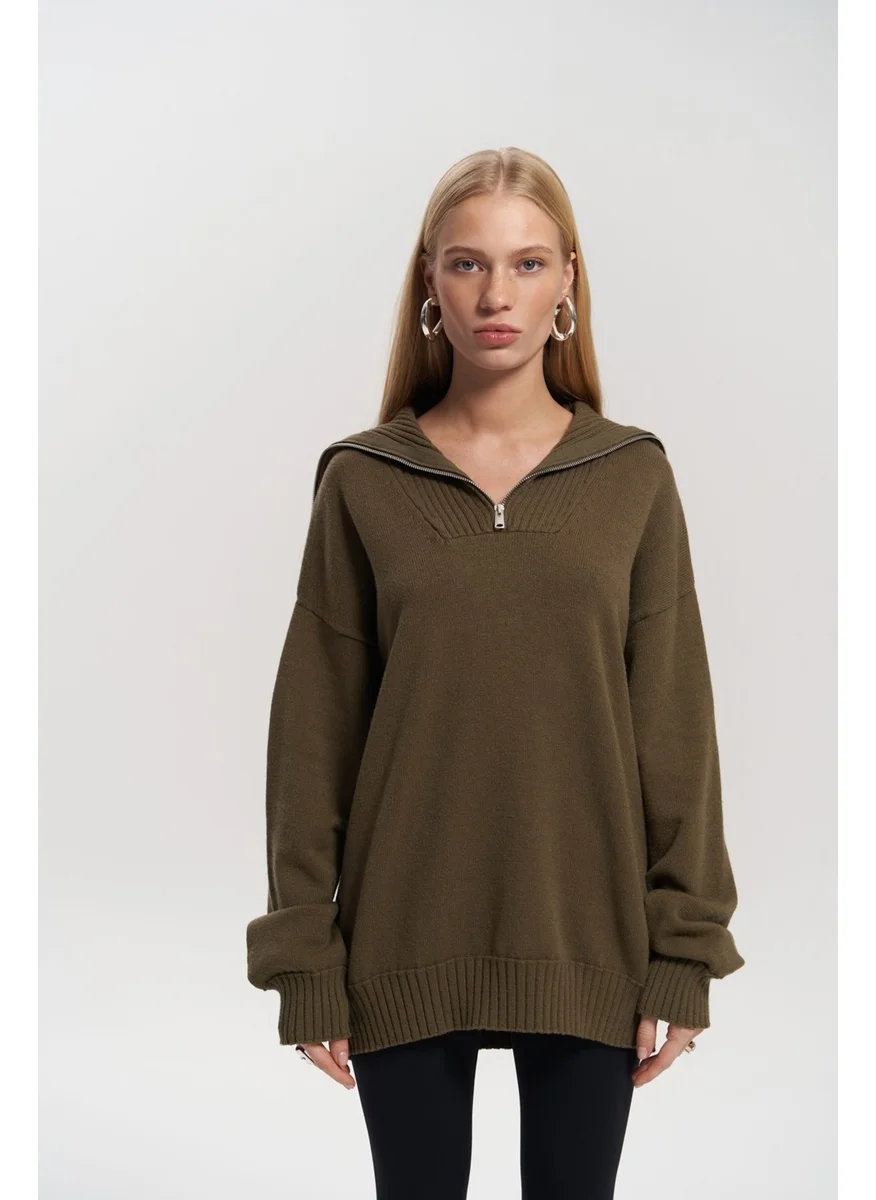 Mai Collection Lorna Zippered Khaki Knit Sweater