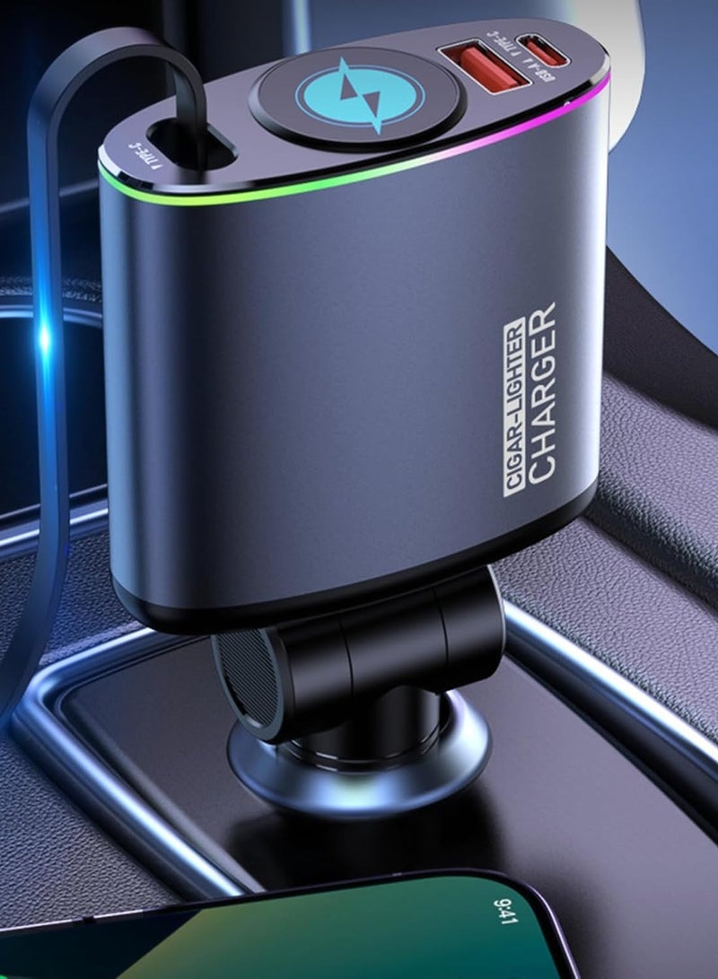 High-speed fast car charging adapter with retractable cable and USB port suitable for phones and mobile devices - Image 1