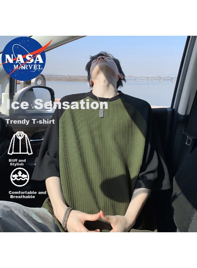 Nasa Marvel Short Sleeve T-shirt Summer Men's Half Sleeve Striped Shoulder-inserted Ice Silk Quick-drying Top Green 4XL - Image 1