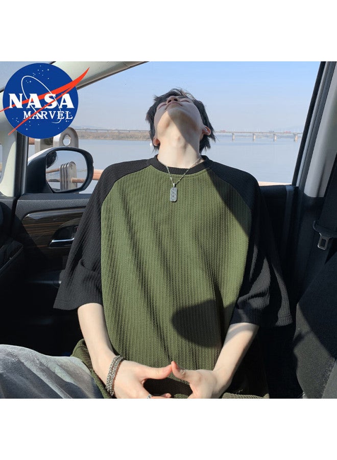Nasa Marvel Short Sleeve T-shirt Summer Men's Half Sleeve Striped Shoulder-inserted Ice Silk Quick-drying Top Green 4XL - Image 5