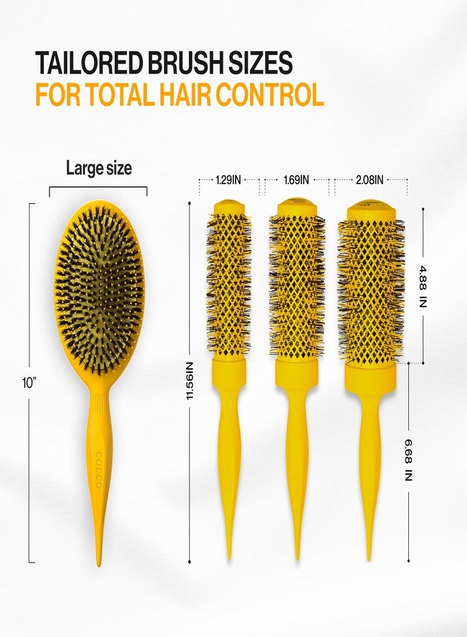 COCCO Aura Brush Set, Ceramic Paddle & Round Hairbrushes for Women, Blow-Drying & Frizz Control, Tourmaline Bristles, Ergonomic Grip, Full Styling Set, Yellow - Image 2