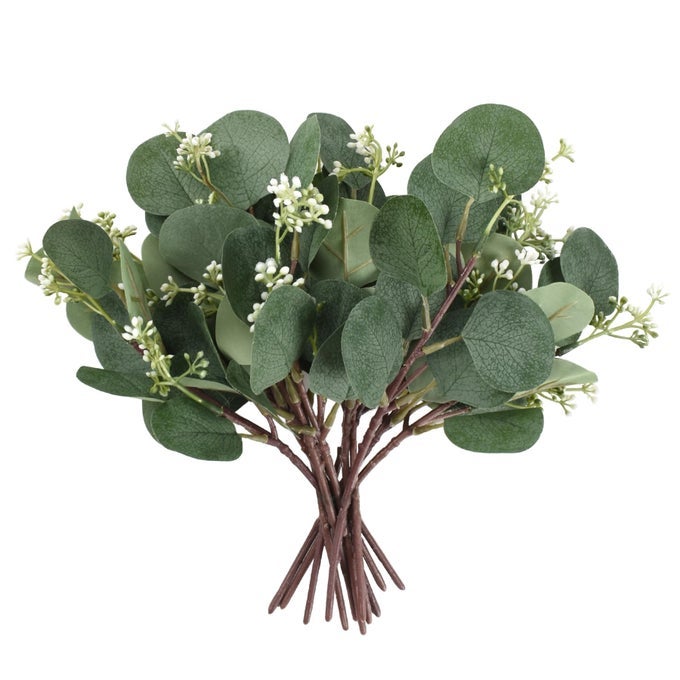 12PCS MIXED ARTIFICIAL EUCALYPTUS LEAVES STEMS WITH WHITE SEEDS WHITE FLOWERS FAUX EUCALYPTUS BRANCHES GREENERY PLANTS FOR FLORAL BOUQUETS WEDDING ARRANGEMENT HOLIDAY VASE DECOR