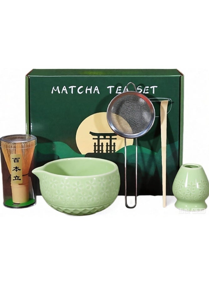 YUFAN Matcha Whisk Set 5 Pcs Traditional Bamboo Whisk Kit with Matcha Bowl Pouring Spout Whisk Holder Spoon Strainer Elegant Gift Box for Personal Use Daily Tea Preparation - Image 1