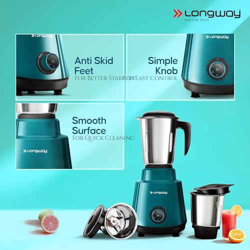 Longway Super Pro Juicer Mixer Grinder | Up to 750W Max Output Powerful Motor | 4 Jars for Grinding, Mixing, Juicing | Teal & Black - Image 4