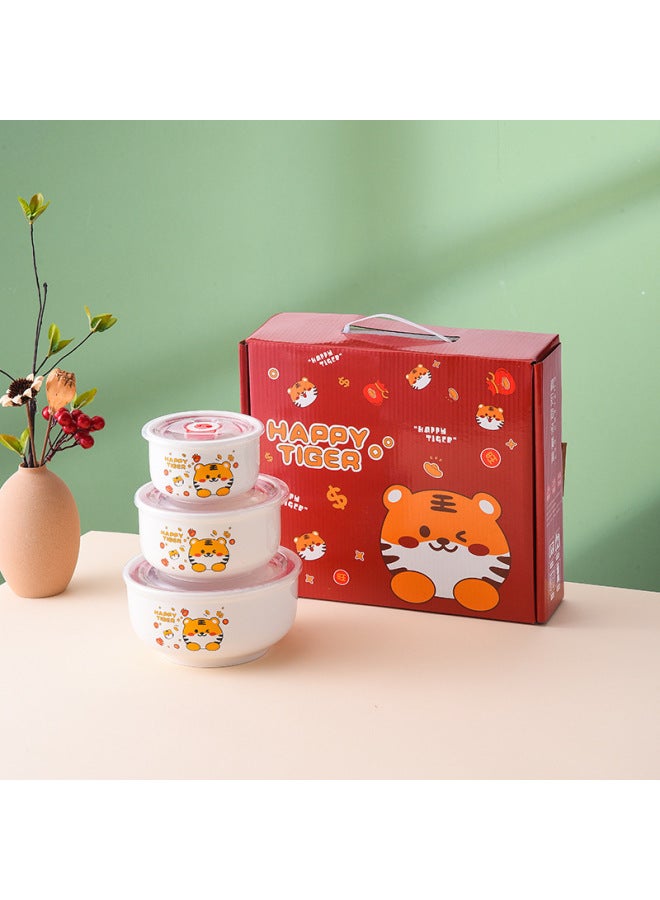 Bear Ceramic Preservation Bowl Three-piece Set Sealed Bowl Gift Bowl Set Gift Microwave Oven Bowl Plus LOGO Preservation-Specifications:Le Le Hu Set Of Three Fresh-keeping Bowls (20 Sets/box)-Color:4inch 5inch 6inch  - Image 1