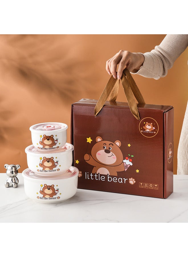 Bear Ceramic Preservation Bowl Three-piece Set Sealed Bowl Gift Bowl Set Gift Microwave Oven Bowl Plus LOGO Preservation-Specifications:Le Le Hu Set Of Three Fresh-keeping Bowls (20 Sets/box)-Color:4inch 5inch 6inch  - Image 2