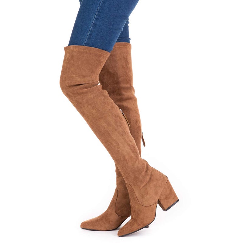 Mtzyoa Over The Knee Boots for Women Brown Size 7.5 Suede Block Heel Thigh High Long OTK Winter Stretch Above Knee Pointed Toe - Image 3