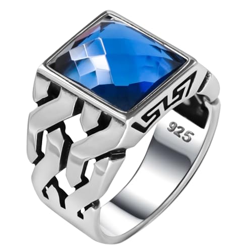 Babylon Silver Men's Solid Genuine 925 Sterling Silver Ring with Simulated Blue Sapphire Handmade Cuban Link Chain Motif Braided Ring (Sapphire, 7) - Image 1