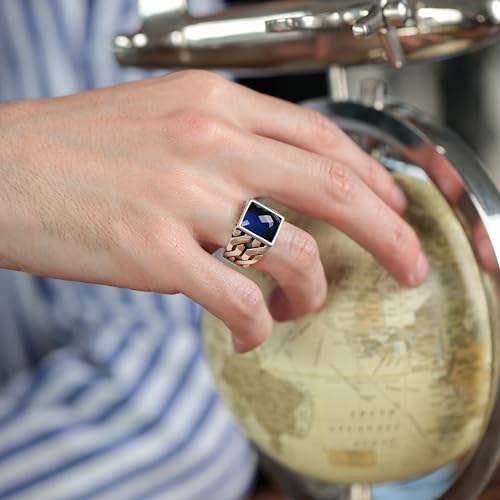 Babylon Silver Men's Solid Genuine 925 Sterling Silver Ring with Simulated Blue Sapphire Handmade Cuban Link Chain Motif Braided Ring (Sapphire, 7) - Image 3