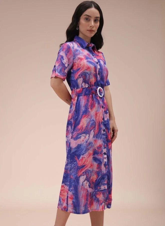 Freehand  Women Fit and Flared Marble Printed Round Neck Short Sleeve Shirt Dress for Women | Best Price UAE
