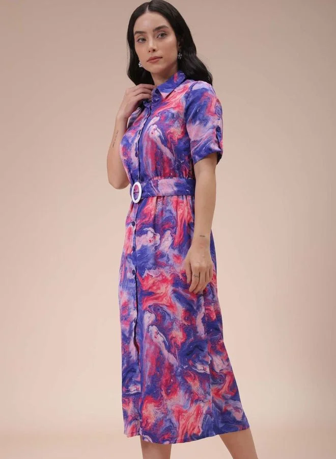 Freehand  Women Fit and Flared Marble Printed Round Neck Short Sleeve Shirt Dress for Women | Best Price UAE