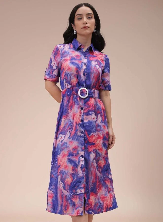 Women Fit and Flared Marble Printed Round Neck Short Sleeve Shirt Dress