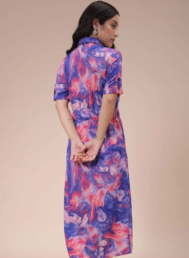 Freehand  Women Fit and Flared Marble Printed Round Neck Short Sleeve Shirt Dress for Women | Best Price UAE