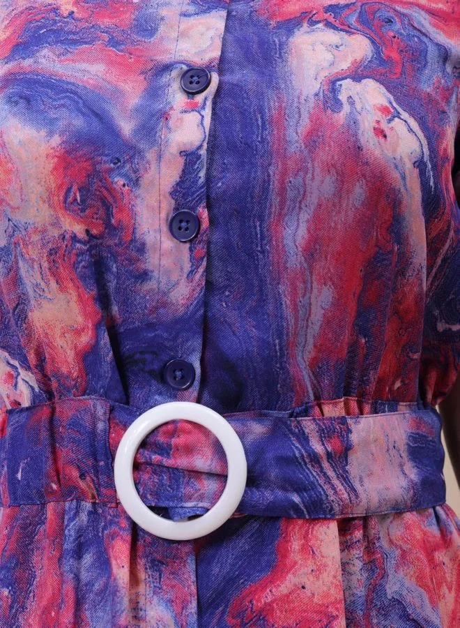 Freehand  Women Fit and Flared Marble Printed Round Neck Short Sleeve Shirt Dress for Women | Best Price UAE