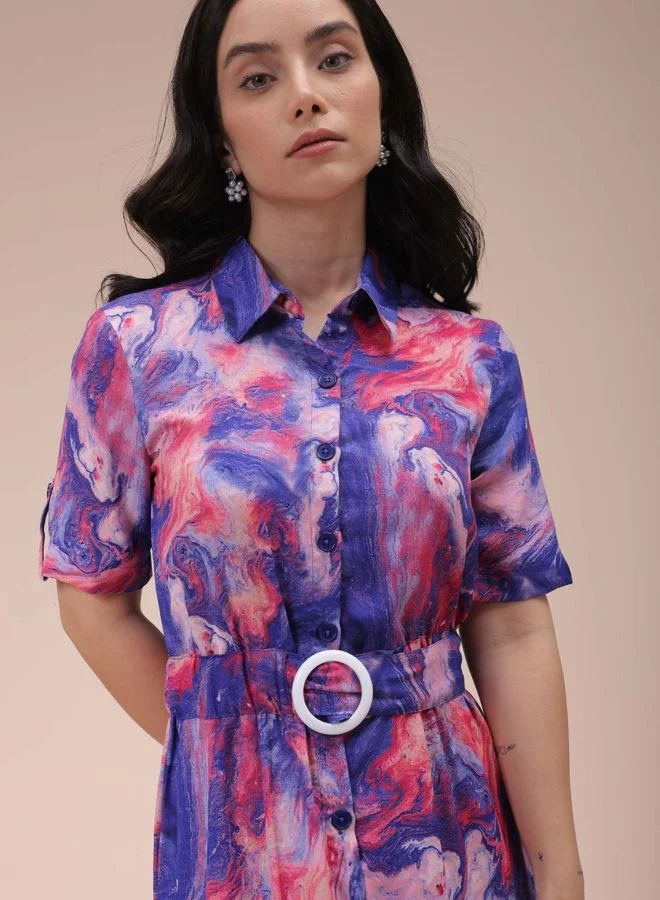 Freehand  Women Fit and Flared Marble Printed Round Neck Short Sleeve Shirt Dress for Women | Best Price UAE