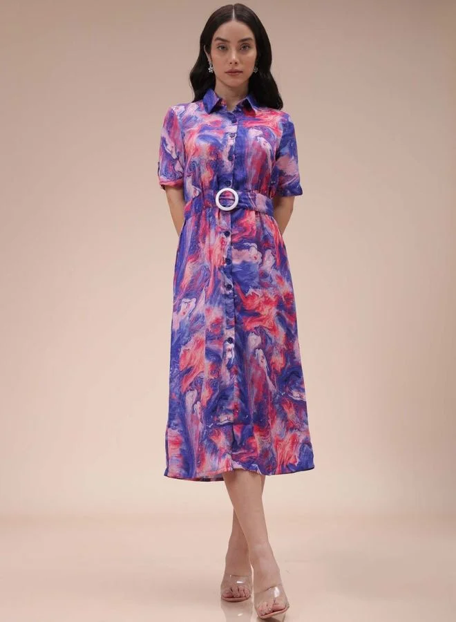 Freehand  Women Fit and Flared Marble Printed Round Neck Short Sleeve Shirt Dress for Women | Best Price UAE
