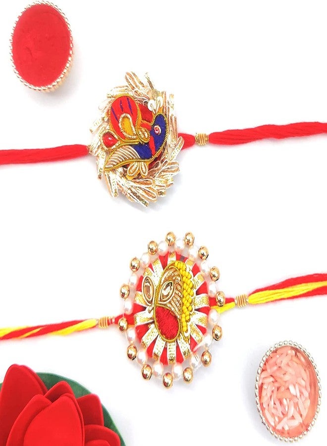 PrideKraft Rakhi Designer Rakhi combo | Roli Tilak Pack | Rakhi For Brother and Bhabhi or for your loved once | Fancy Design Rakhi | Stone Kundan Rakhi | 2 Rakhi combo for entire family - Image 2