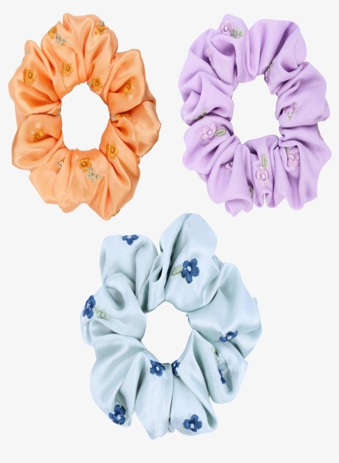 MASQ by Q-One Hair Accessories, Spring Embroidered, Handmade, Satin Organza Scrunchies/Hair Bands for Women, Girls with Elastic (Multicolor, Pack of 3) - Image 1
