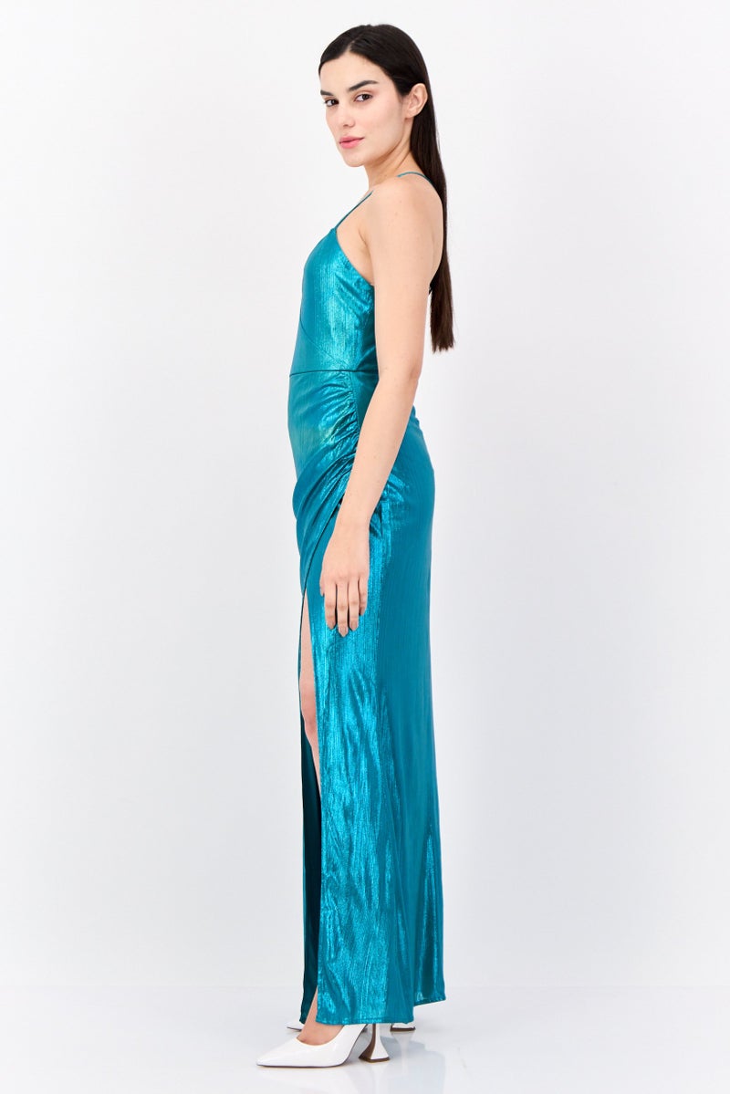 Lulus فستان ماكسي معدني للنساء، أخضر مزرق - Image 3