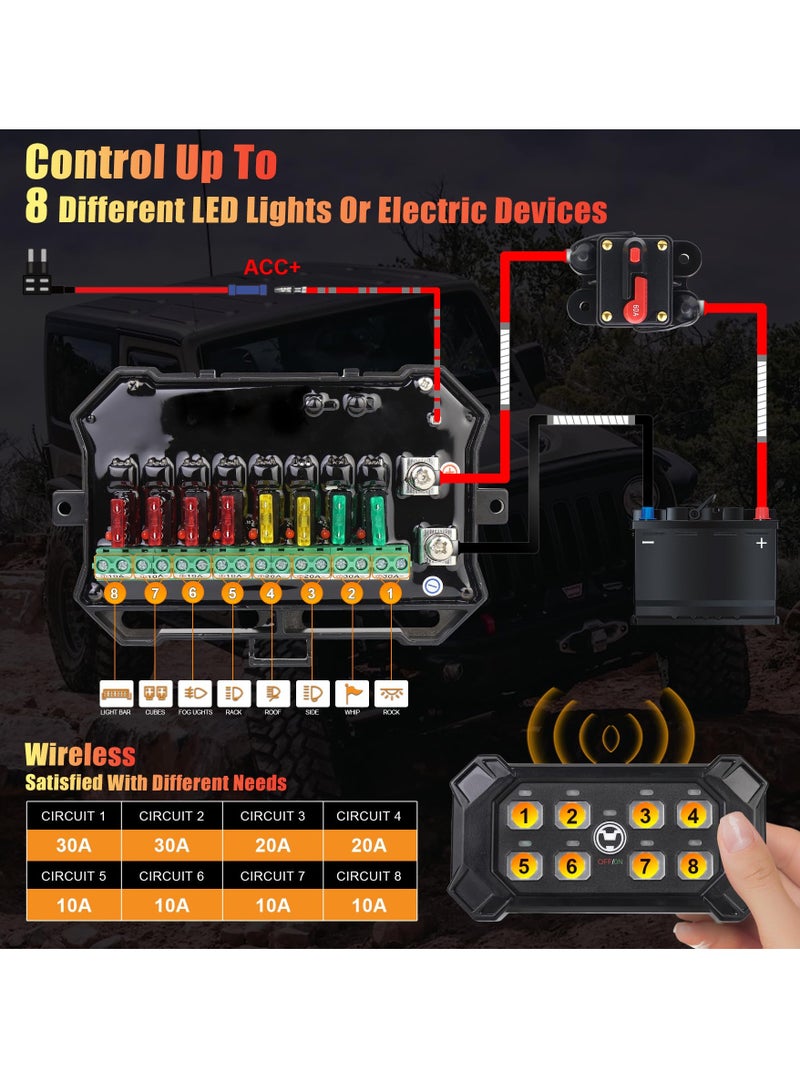 SOLARAE Wireless 8 Gang Switch Panel, Remote Control Switch Pod with Toggle Momentary Pulsed Waterproof Universal Circuit Control Relay System Box for Off Road Truck Jeep Boat SUV UTV ATV Camper - Image 4