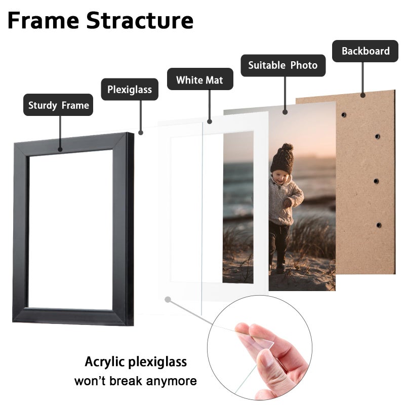 KINLINK 8x10 Picture Frames Black  Photo Frames with Plexiglass for Picture 5x7 with Mat or 8x10 without Mat  Composite Wood Picture Frames for Table Top and Wall Mounting  Set of 6