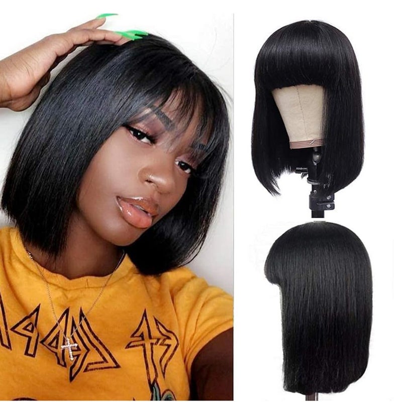 Spotlight 10 Inch Straight Bob Wig with Bangs Human Hair 180 Density Short Bob Human Hair Wigs with Bangs None Lace Front Wigs Brazilian Straight Hair Wig for Black Women Natural Black 1B Color