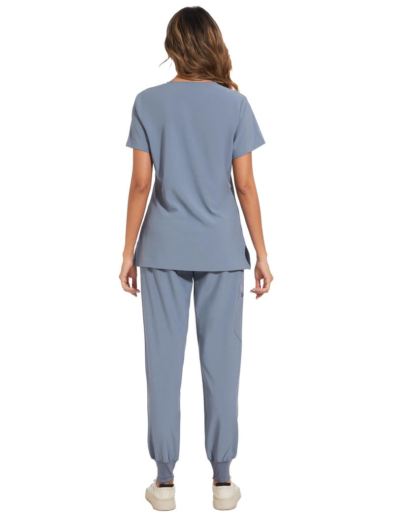 COZYFIT Scrubs for Women Set - Stretch V-Neck Scrub Top & Jogger Pant with 8 Pockets, Yoga Waistband, Anti Wrinkle, Slim Fit Women Scrubs - Grey, M - Image 2