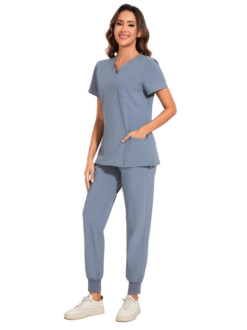 COZYFIT Scrubs for Women Set - Stretch V-Neck Scrub Top & Jogger Pant with 8 Pockets, Yoga Waistband, Anti Wrinkle, Slim Fit Women Scrubs - Grey, M - Image 3