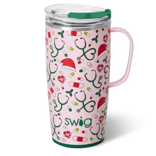 Swig Life 22oz Travel Mug Insulated Tumbler with Handle and Lid Travel Coffee Mug Cup Holder Friendly Stainless Steel 22 oz Tumbler Reusable Insulated with Lid Santas Scrubs - Image 1